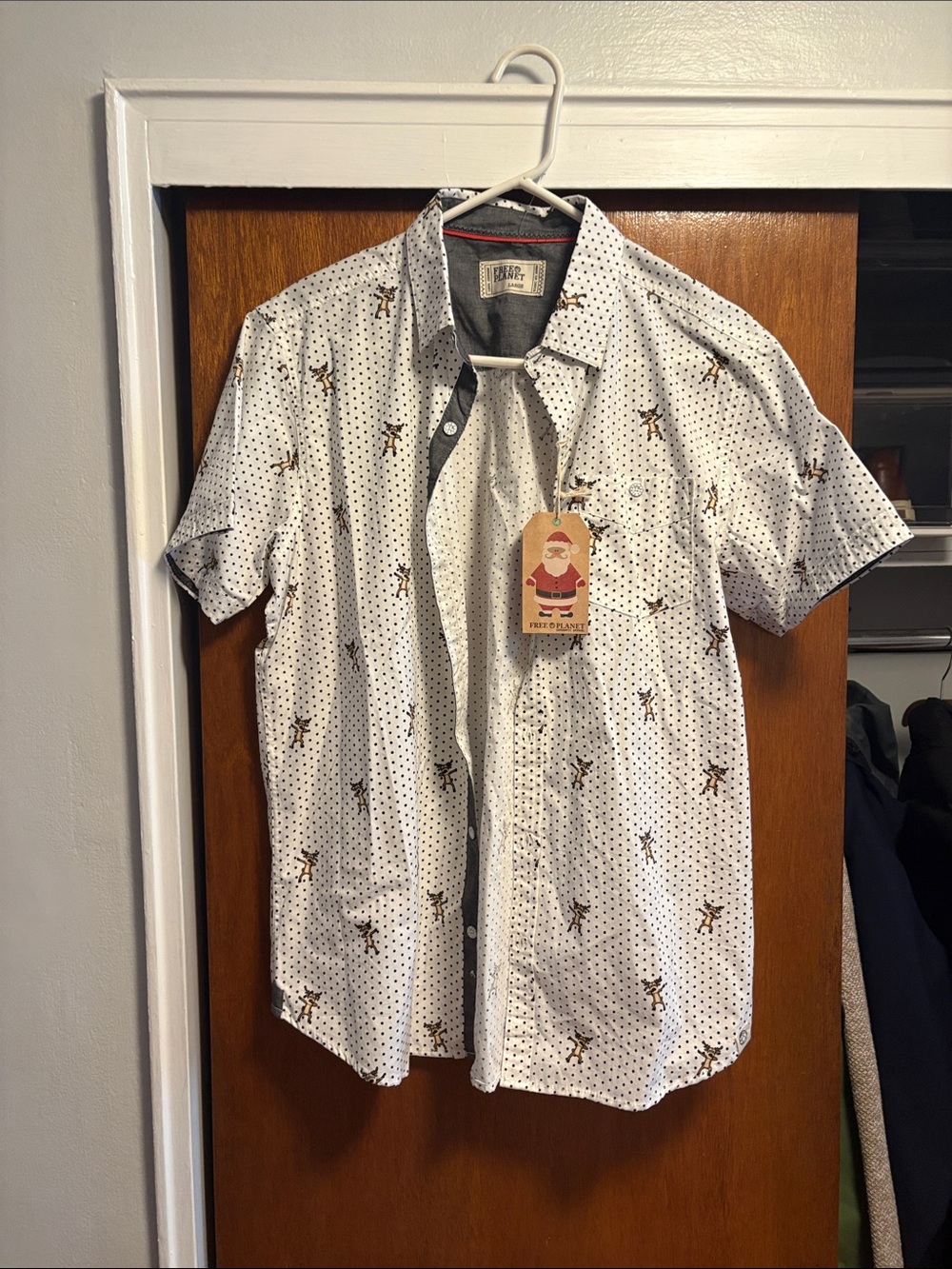 Short-Sleeve White Polka Dot Shirt with Dabbing Reindeer Print